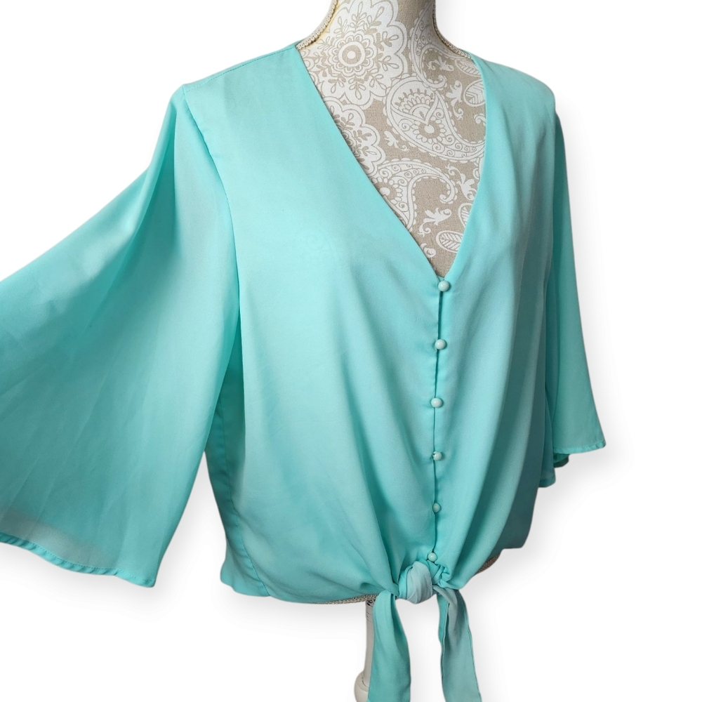 Kancystore Turquoise Blue Front Tie Blouse Size XL